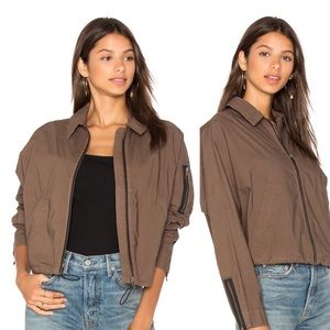 James Perse Cropped Drawstring Waist Batwing Bomber Jacket in Brown Army Green